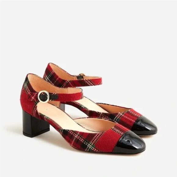 J.Crew MILLIE Ankle Strap Red Plaid Holiday Heel Pumps Deep Ruby Size 9 NIB $248 - Picture 1 of 13